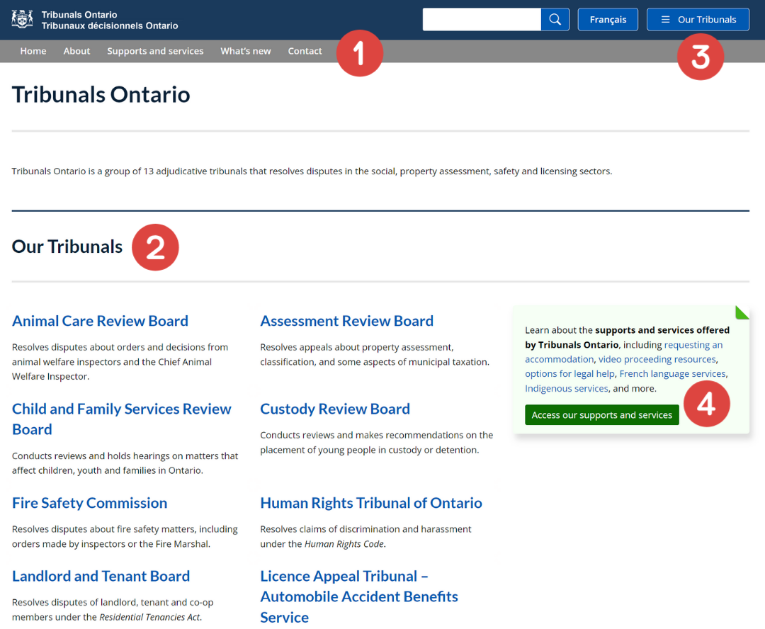 The Tribunals Ontario homepage with numbers indicating key features, which will be explained in the following section. The features are the Corporate information menu, the Our Tribunals section, the Our Tribunals button, and the Supports and services call-to-action card.